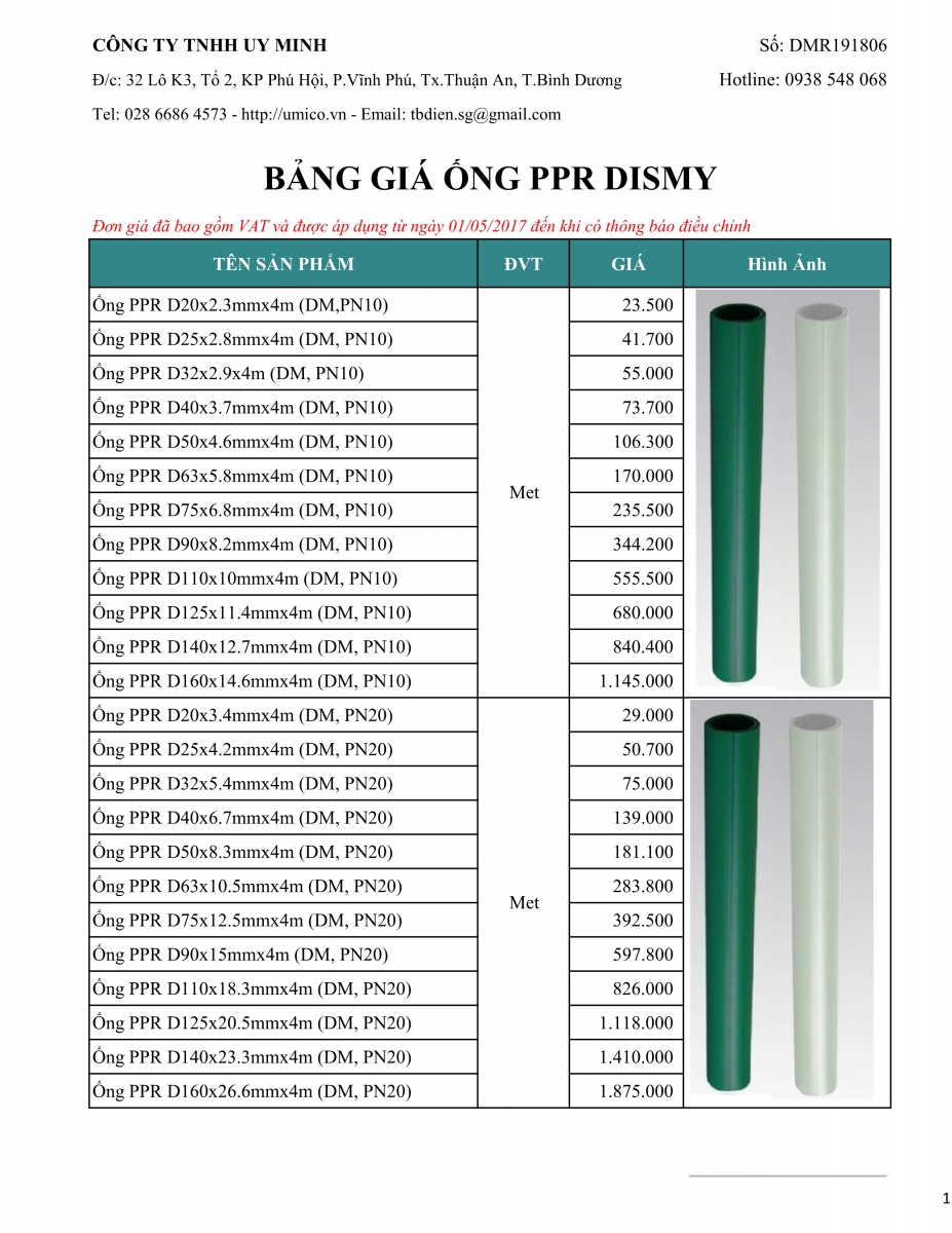 Bảng giá ống nhựa và phụ kiện ống nhựa PPR tiền phong